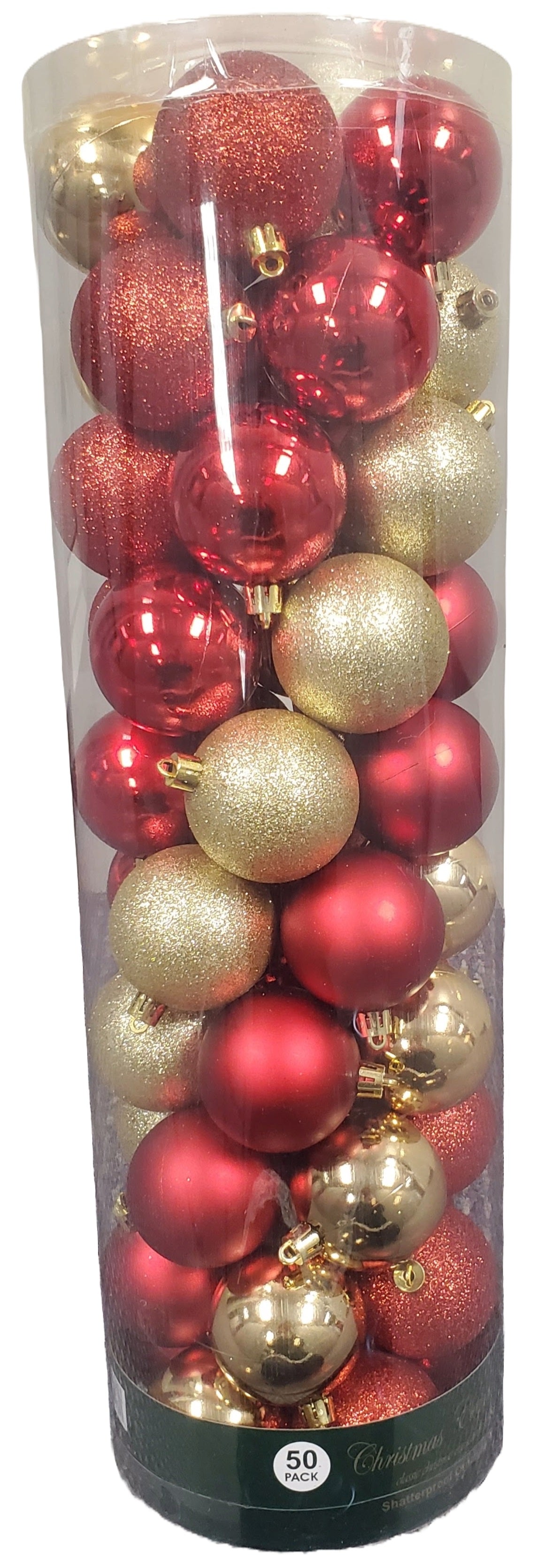 Set of 50 ornaments. One set of ornaments are all Red in different designs and textures. One set of ornaments are Red and Gold in different designs and textures. One set of ornaments are Red, Gold and Green in different designs and textures.