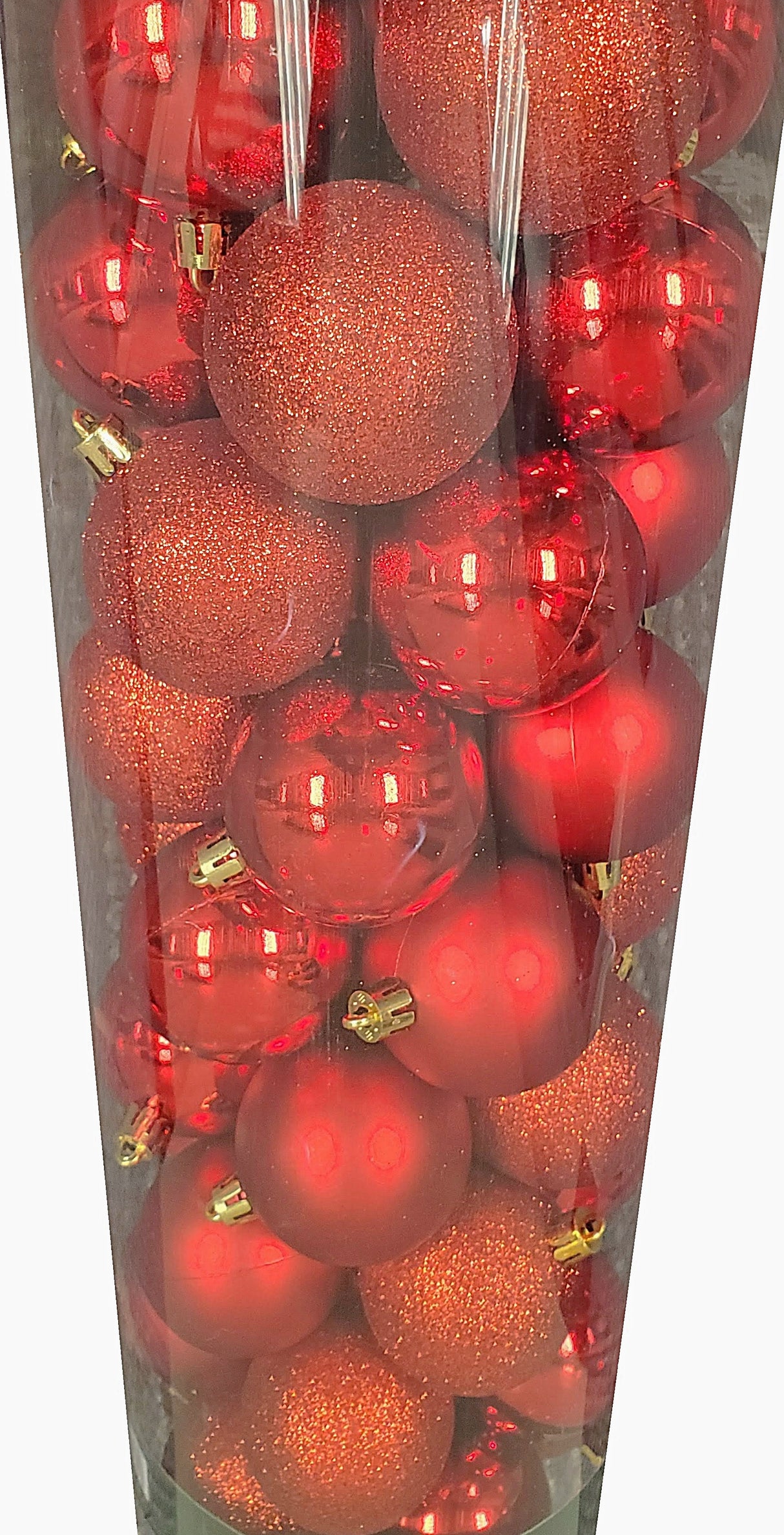 Set of 50 ornaments. One set of ornaments are all Red in different designs and textures. One set of ornaments are Red and Gold in different designs and textures. One set of ornaments are Red, Gold and Green in different designs and textures.
