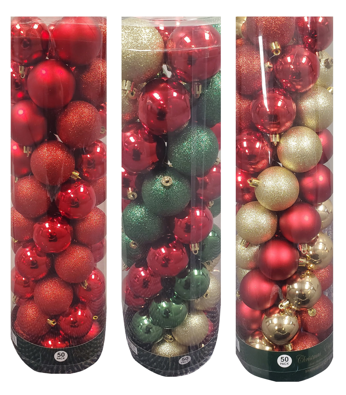 Set of 50 ornaments. One set of ornaments are all Red in different designs and textures. One set of ornaments are Red and Gold in different designs and textures. One set of ornaments are Red, Gold and Green in different designs and textures.
