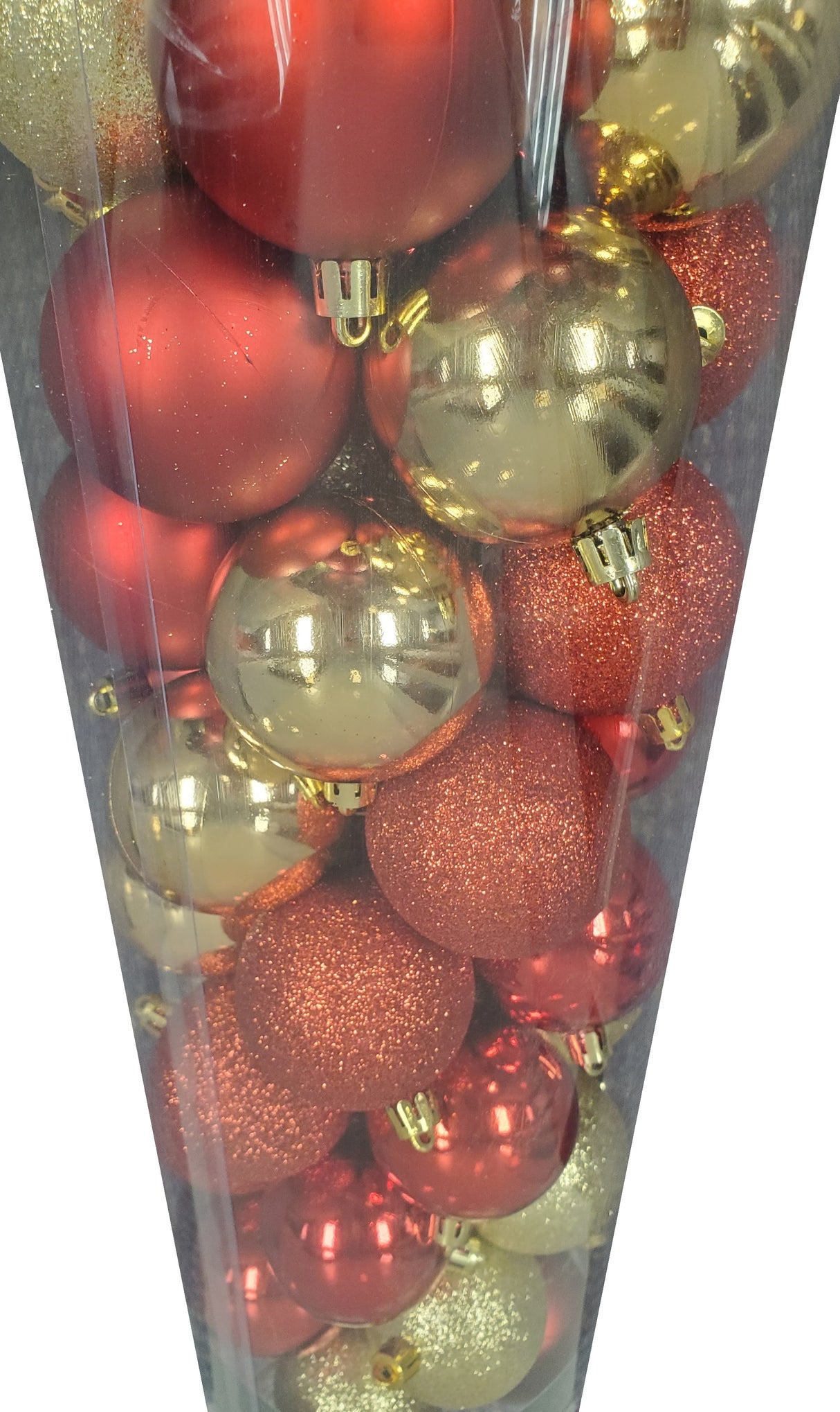 Set of 50 ornaments. One set of ornaments are all Red in different designs and textures. One set of ornaments are Red and Gold in different designs and textures. One set of ornaments are Red, Gold and Green in different designs and textures.