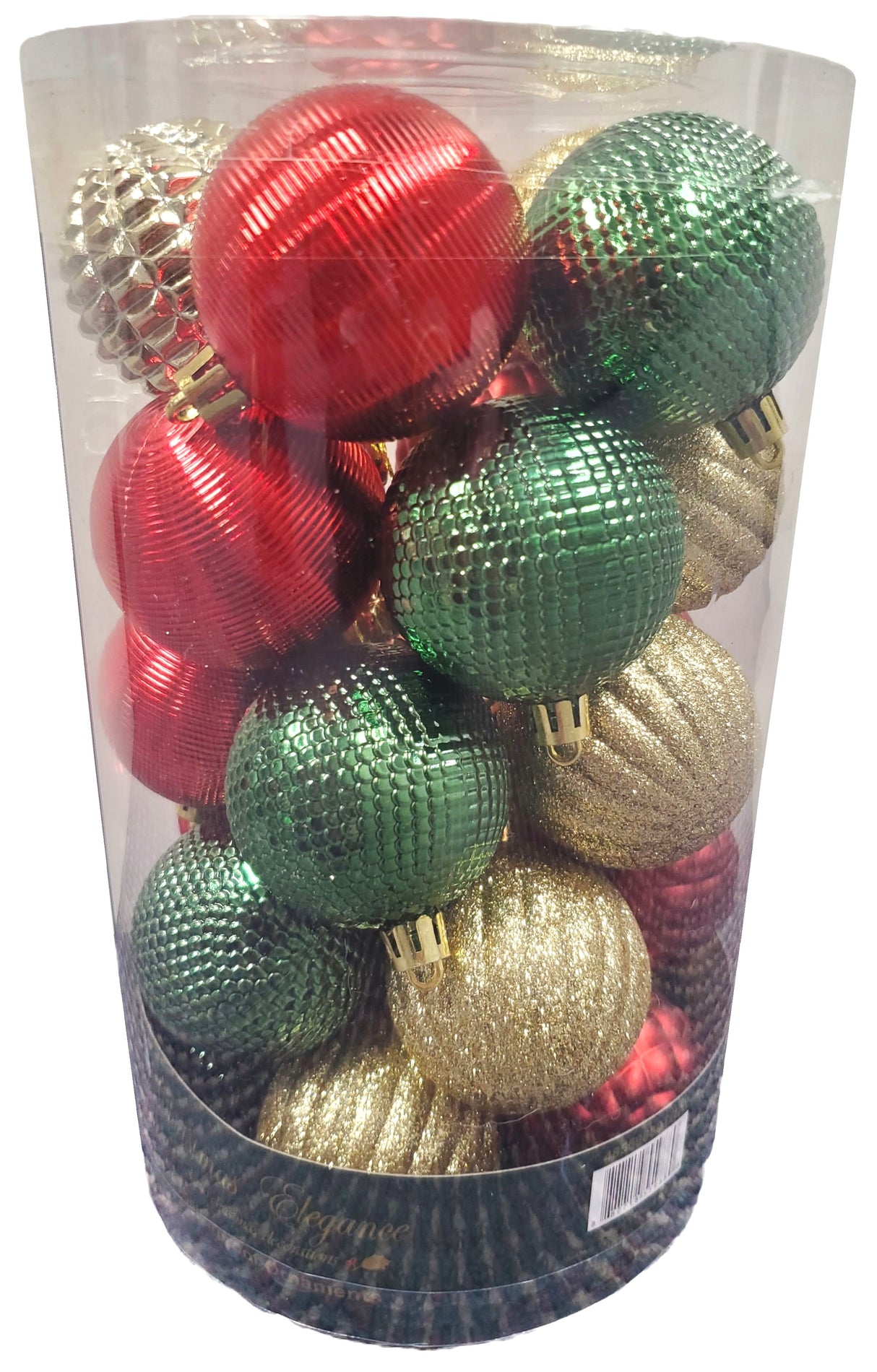 Set of 25 different ornaments. One set of ornaments are all Red in different designs and textures. One set of ornaments are Red and Gold in different designs and textures. One set of ornaments are Red, Gold and Green in different designs and textures.