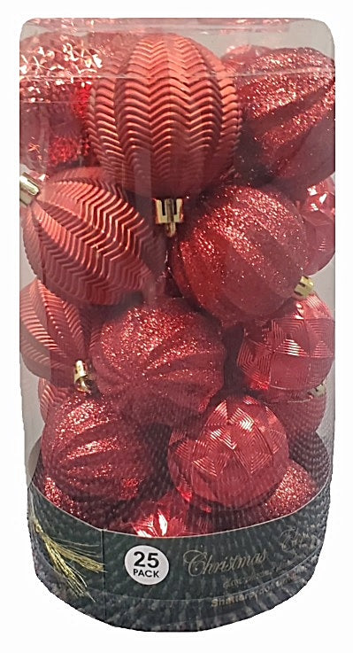 Set of 25 different ornaments. One set of ornaments are all Red in different designs and textures. One set of ornaments are Red and Gold in different designs and textures. One set of ornaments are Red, Gold and Green in different designs and textures.