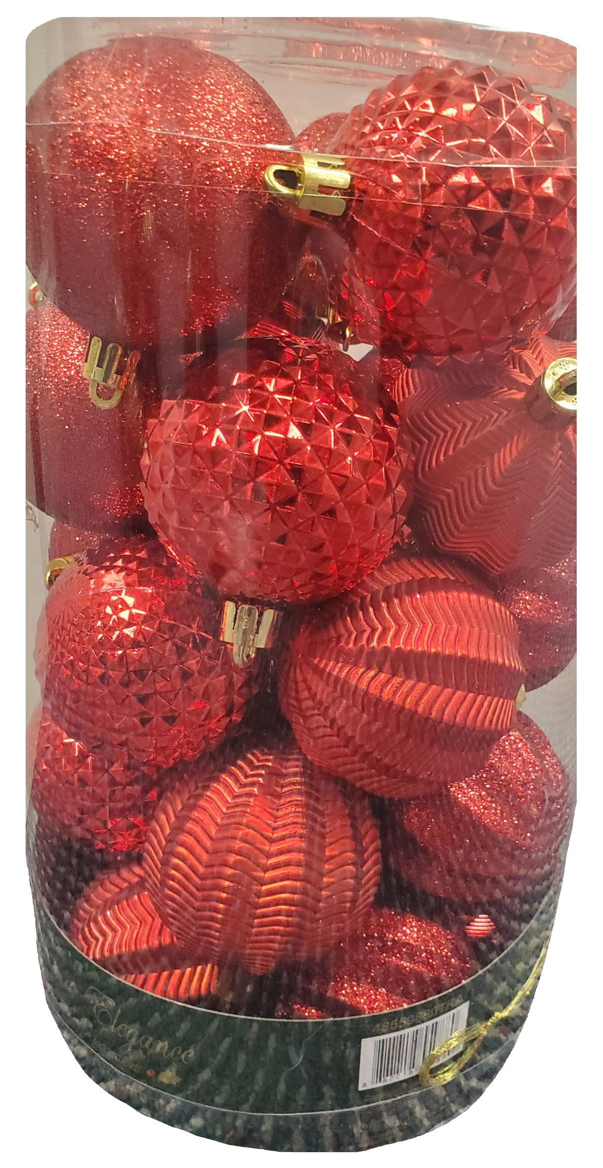 Set of 25 different ornaments. One set of ornaments are all Red in different designs and textures. One set of ornaments are Red and Gold in different designs and textures. One set of ornaments are Red, Gold and Green in different designs and textures.