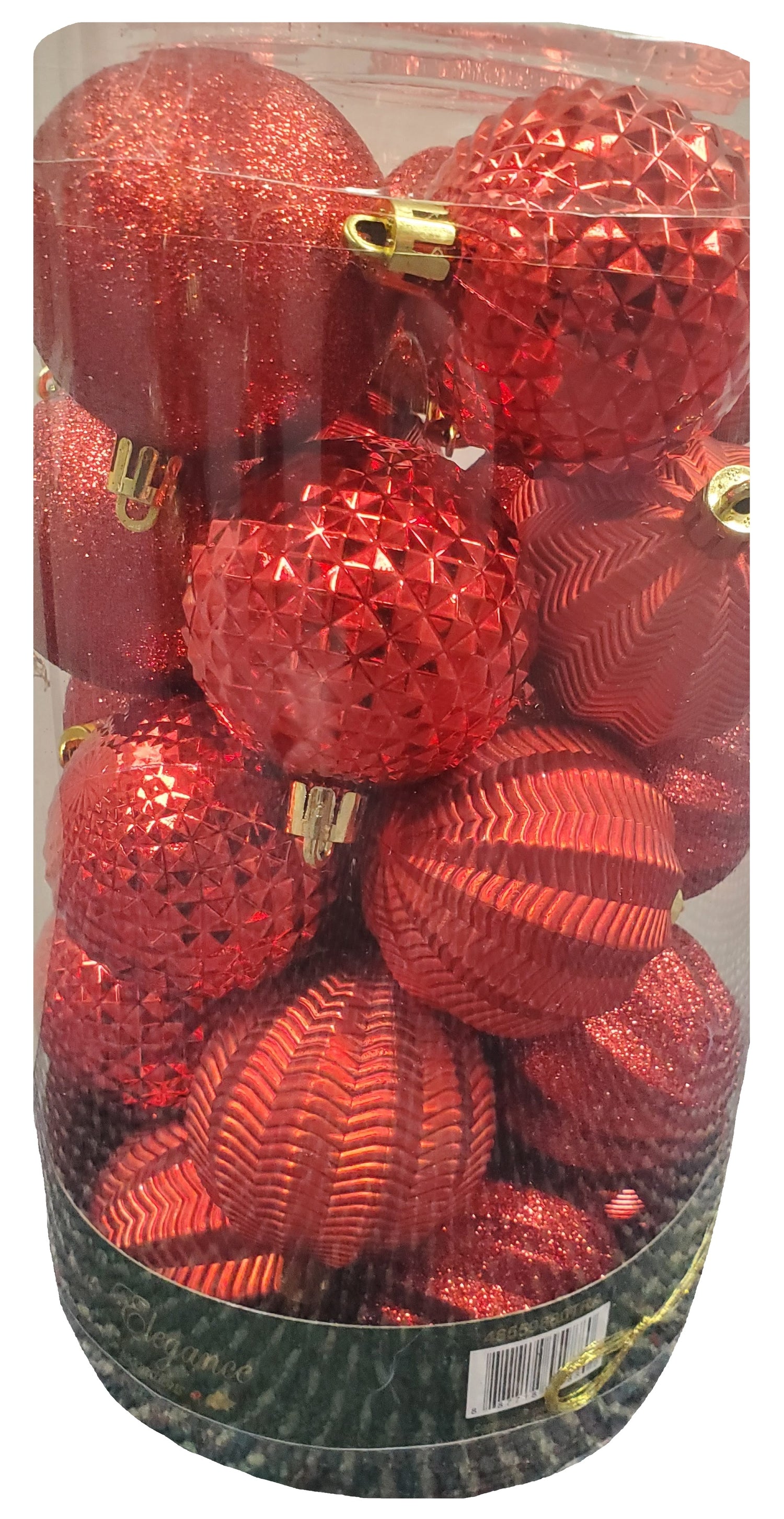 Set of 25 different ornaments. One set of ornaments are all Red in different designs and textures. One set of ornaments are Red and Gold in different designs and textures. One set of ornaments are Red, Gold and Green in different designs and textures.