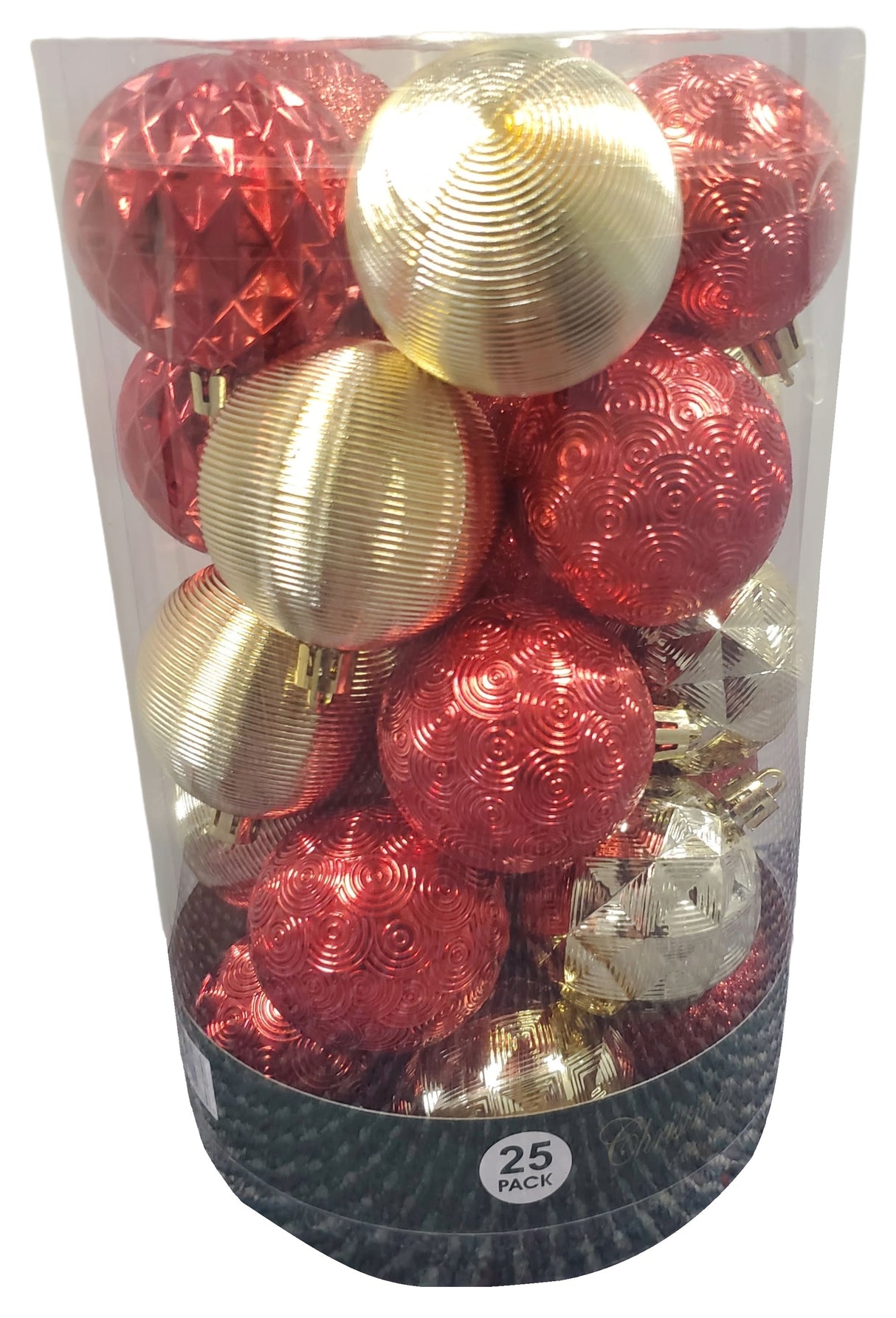 Set of 25 different ornaments. One set of ornaments are all Red in different designs and textures. One set of ornaments are Red and Gold in different designs and textures. One set of ornaments are Red, Gold and Green in different designs and textures.