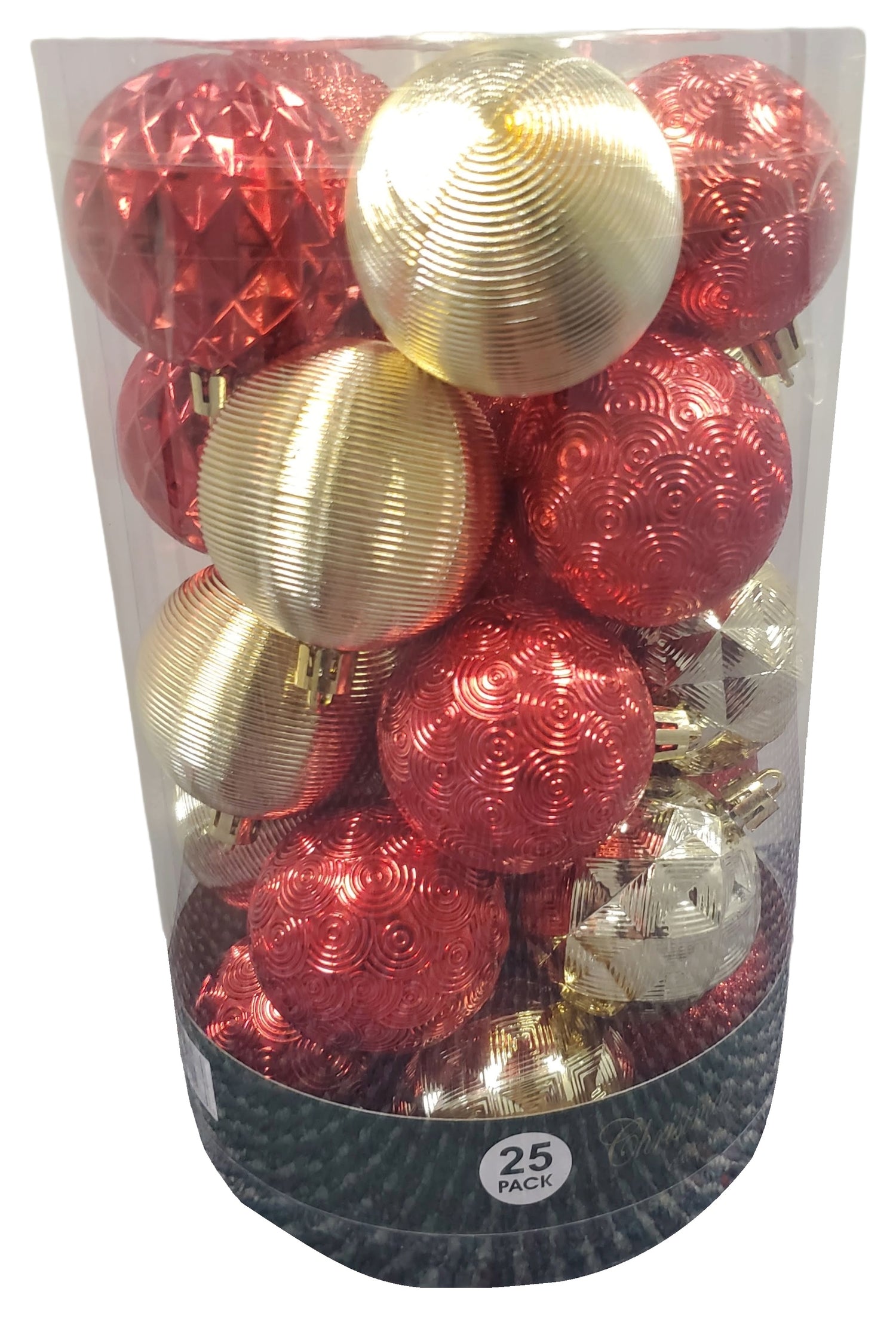 Set of 25 different ornaments. One set of ornaments are all Red in different designs and textures. One set of ornaments are Red and Gold in different designs and textures. One set of ornaments are Red, Gold and Green in different designs and textures.