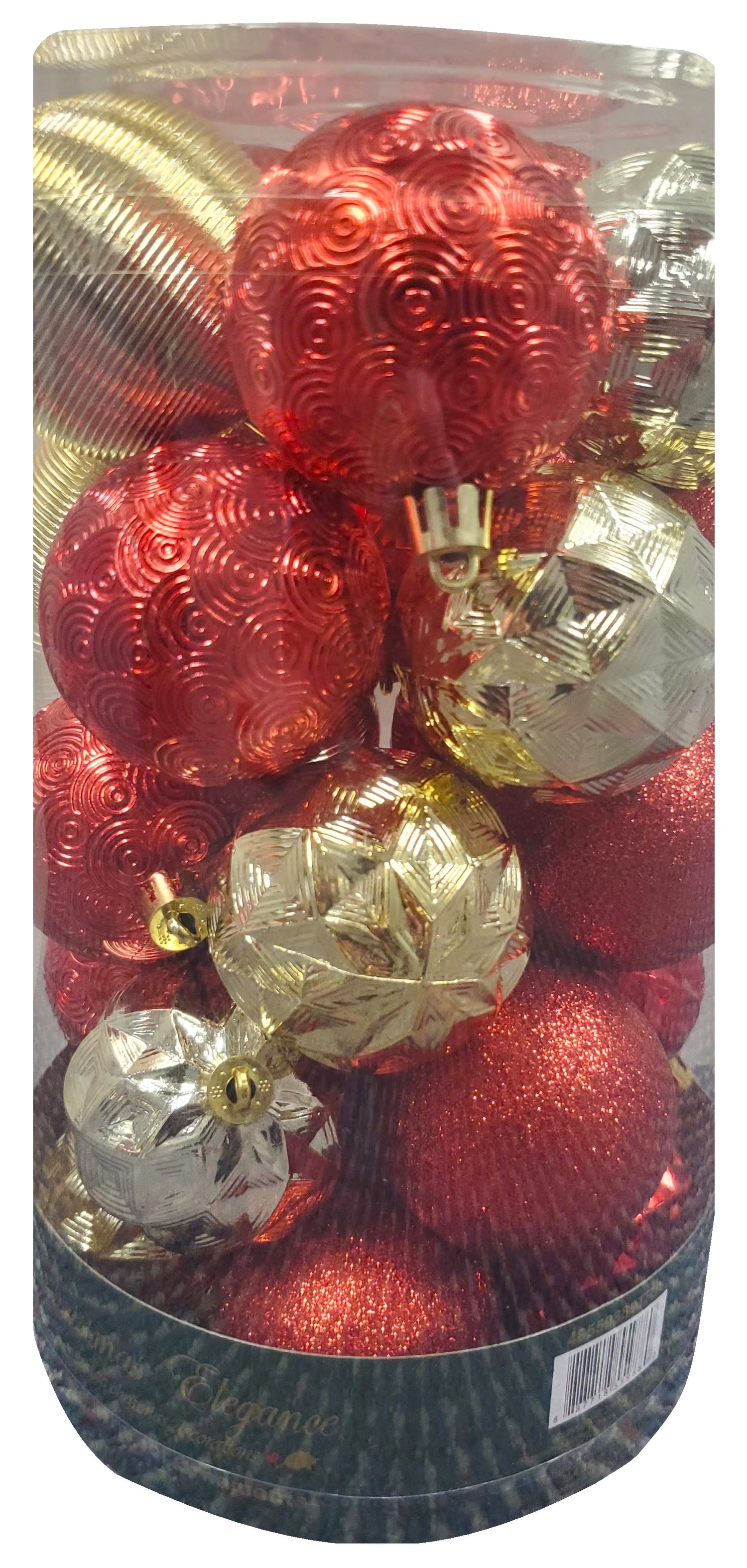 Set of 25 different ornaments. One set of ornaments are all Red in different designs and textures. One set of ornaments are Red and Gold in different designs and textures. One set of ornaments are Red, Gold and Green in different designs and textures.