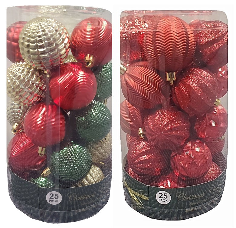 Set of 25 different ornaments. One set of ornaments are all Red in different designs and textures. One set of ornaments are Red and Gold in different designs and textures. One set of ornaments are Red, Gold and Green in different designs and textures.