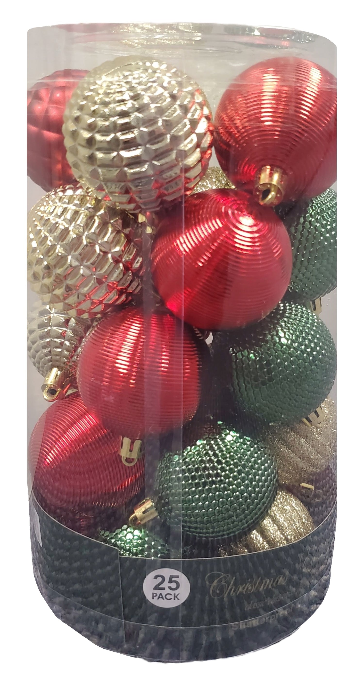 Set of 25 different ornaments. One set of ornaments are all Red in different designs and textures. One set of ornaments are Red and Gold in different designs and textures. One set of ornaments are Red, Gold and Green in different designs and textures.