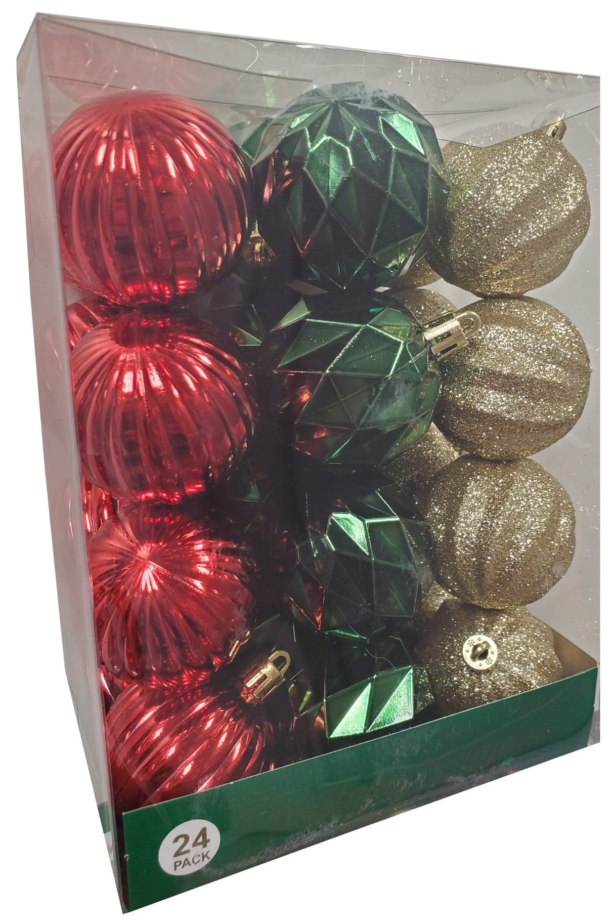 Set of 24 ornaments. This is a pack of red, green and gold ornaments in different textures. Red textured ornaments, gold glittery ornaments, green textured ornaments.