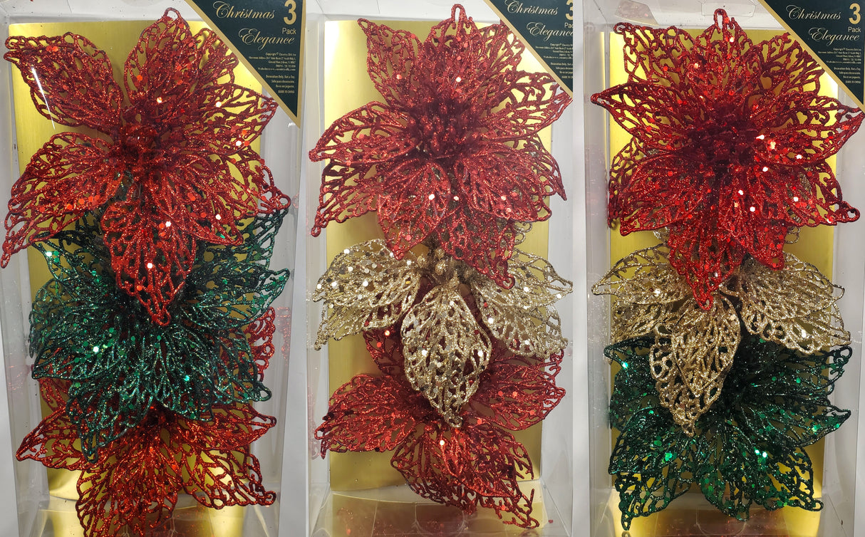 Clip on ornaments. One set of three features all red poinsettias. One set of three feature two red poinsettias and one green poinsettia. One set of three features two red poinsettias and one gold poinsettia. One set of three features one red, one gold and one green poinsettia.