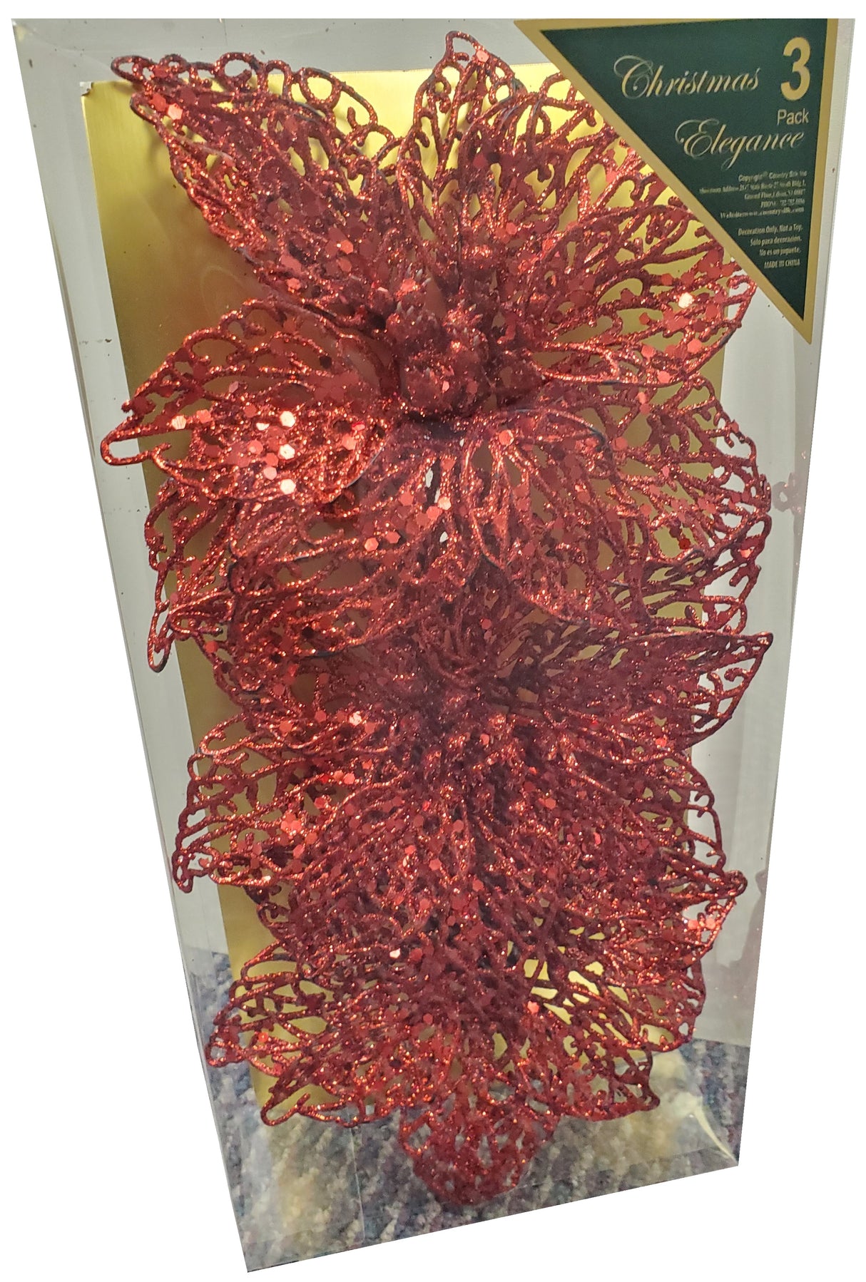 Clip on ornaments. One set of three features all red poinsettias. One set of three feature two red poinsettias and one green poinsettia. One set of three features two red poinsettias and one gold poinsettia. One set of three features one red, one gold and one green poinsettia.