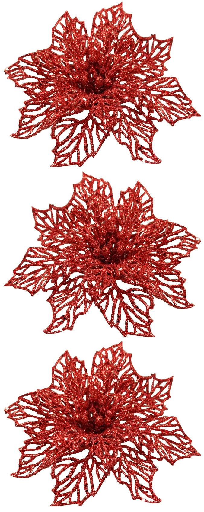 Clip on ornaments. One set of three features all red poinsettias. One set of three feature two red poinsettias and one green poinsettia. One set of three features two red poinsettias and one gold poinsettia. One set of three features one red, one gold and one green poinsettia.