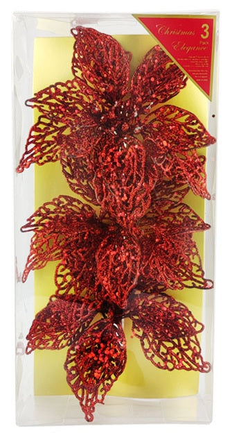 Clip on ornaments. One set of three features all red poinsettias. One set of three feature two red poinsettias and one green poinsettia. One set of three features two red poinsettias and one gold poinsettia. One set of three features one red, one gold and one green poinsettia.