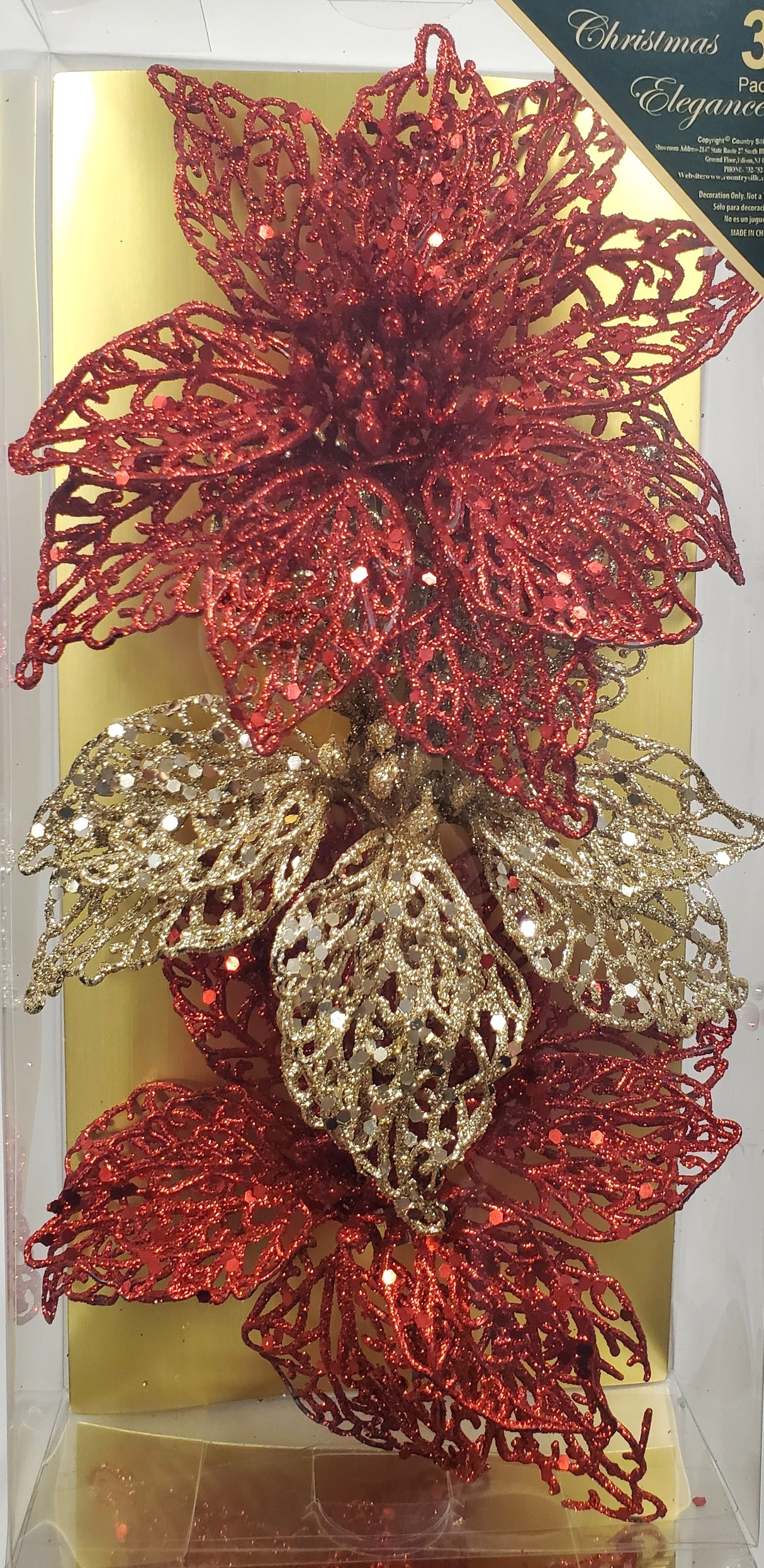 Clip on ornaments. One set of three features all red poinsettias. One set of three feature two red poinsettias and one green poinsettia. One set of three features two red poinsettias and one gold poinsettia. One set of three features one red, one gold and one green poinsettia.