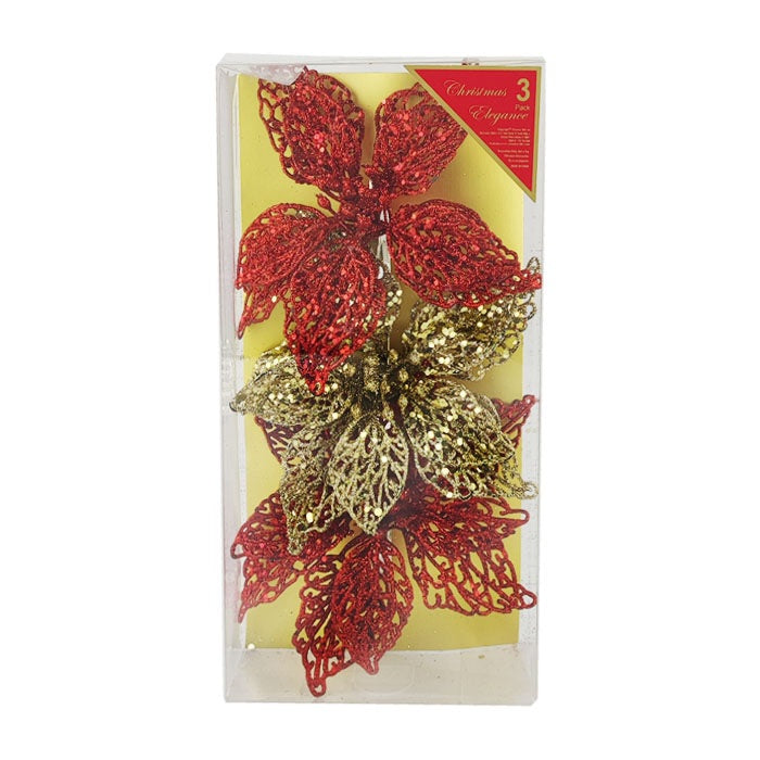 Clip on ornaments. One set of three features all red poinsettias. One set of three feature two red poinsettias and one green poinsettia. One set of three features two red poinsettias and one gold poinsettia. One set of three features one red, one gold and one green poinsettia.