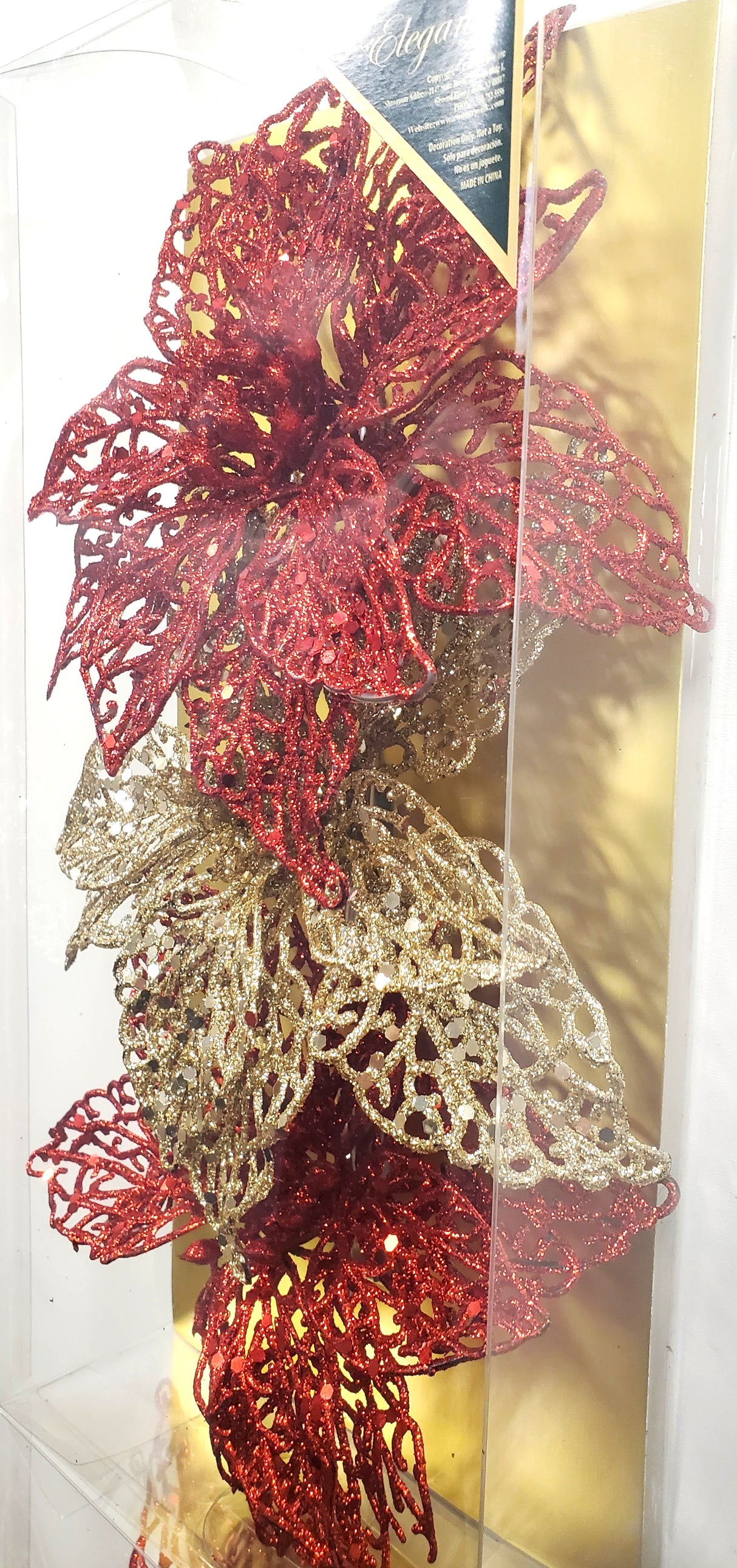 Clip on ornaments. One set of three features all red poinsettias. One set of three feature two red poinsettias and one green poinsettia. One set of three features two red poinsettias and one gold poinsettia. One set of three features one red, one gold and one green poinsettia.