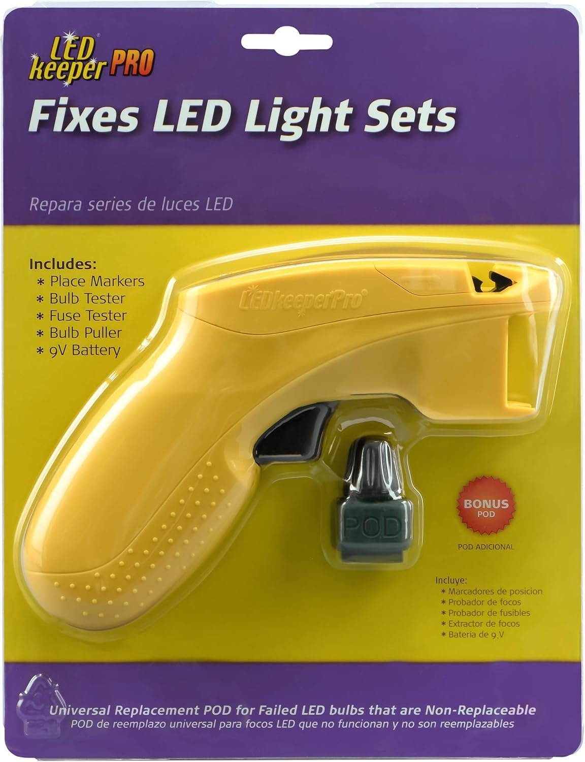 This image shows the packaging that this item comes in. It reads "LED Keeper PRO. Fixes LED light sets. Includes: place markers, bulb tester, fuse tester, bulb puller and 9V battery. Also includes a universal replacement POD for failed LED bulbs that are non-replaceable."