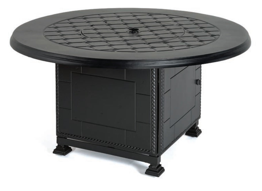 A round fire pit table on a square base