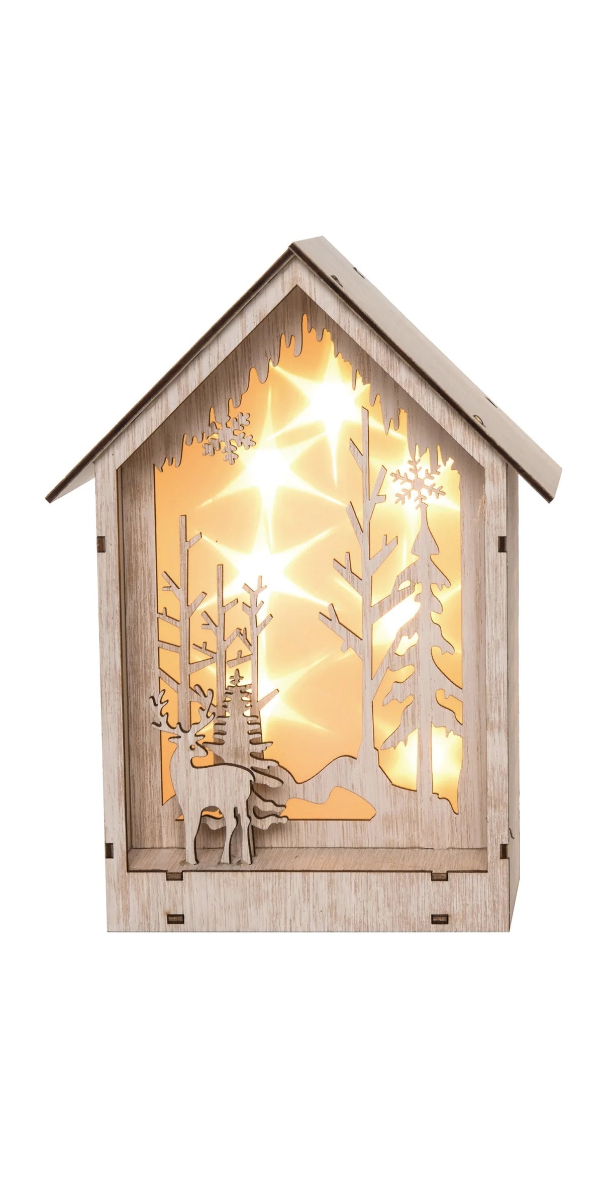 The outside is designed to look like a wooden house and the inside features tree silhouettes along with deer and snowflakes.