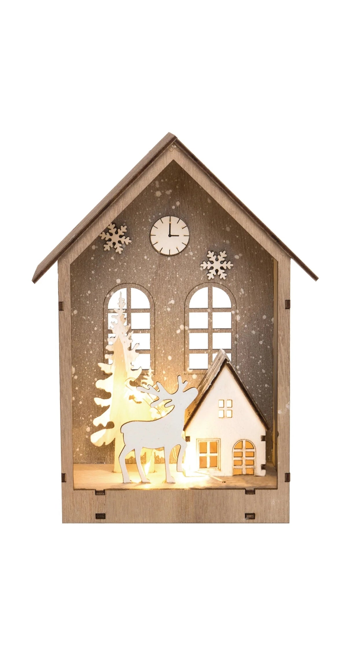 The outside is designed to look like a wooden house and the inside features silhouettes of trees, a reindeer, a house and snowflakes. There's a clock on the wall above some windows.
