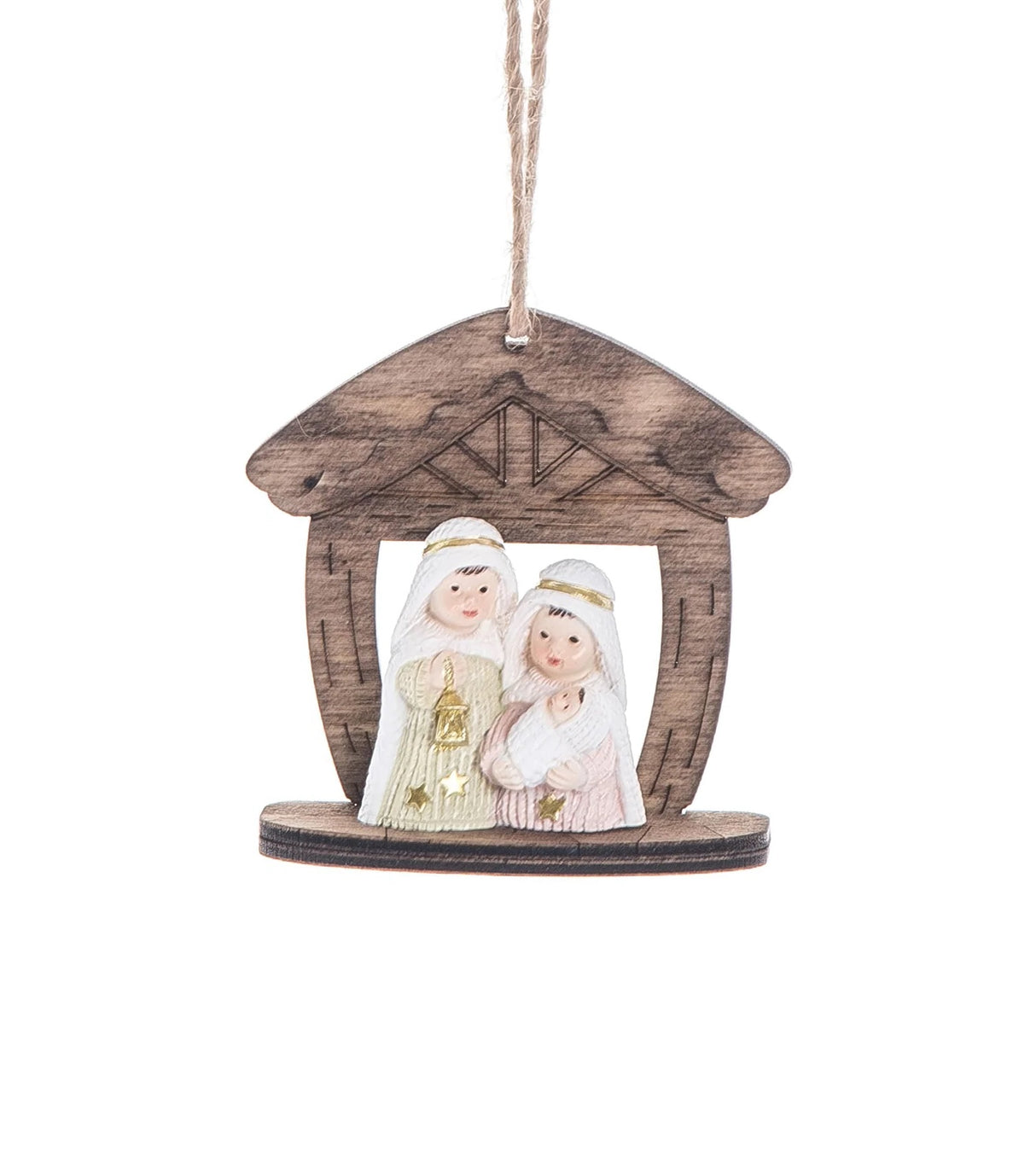 Wooden Nativity Scene ornament with miniature figurines.