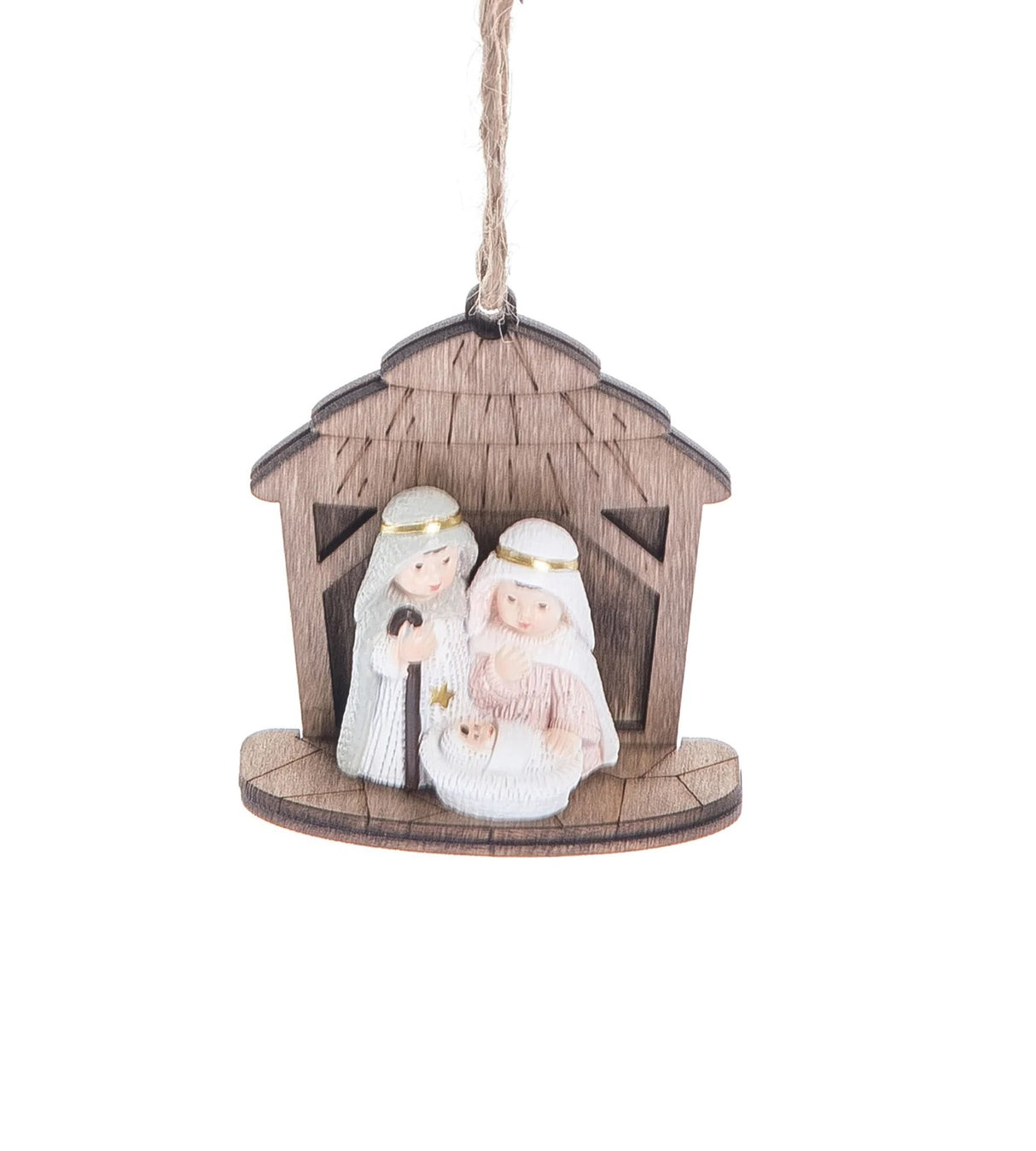 Wooden Nativity Scene ornament with miniature figurines.