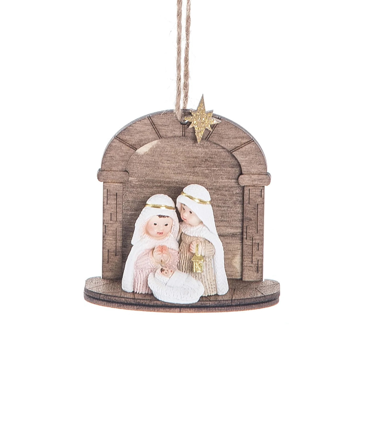Wooden Nativity Scene ornament with miniature figurines.