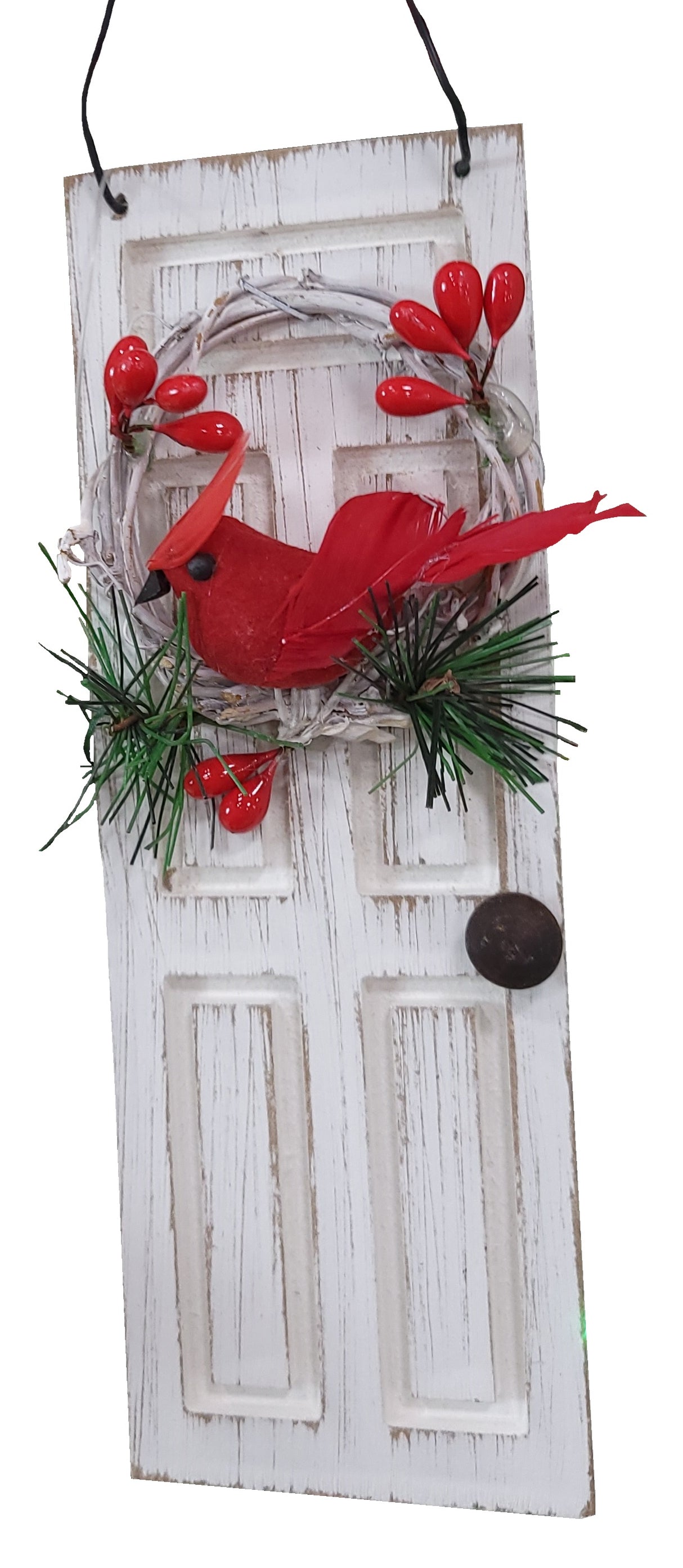 7" Rustic White Door with Cardinal Wreath Ornament