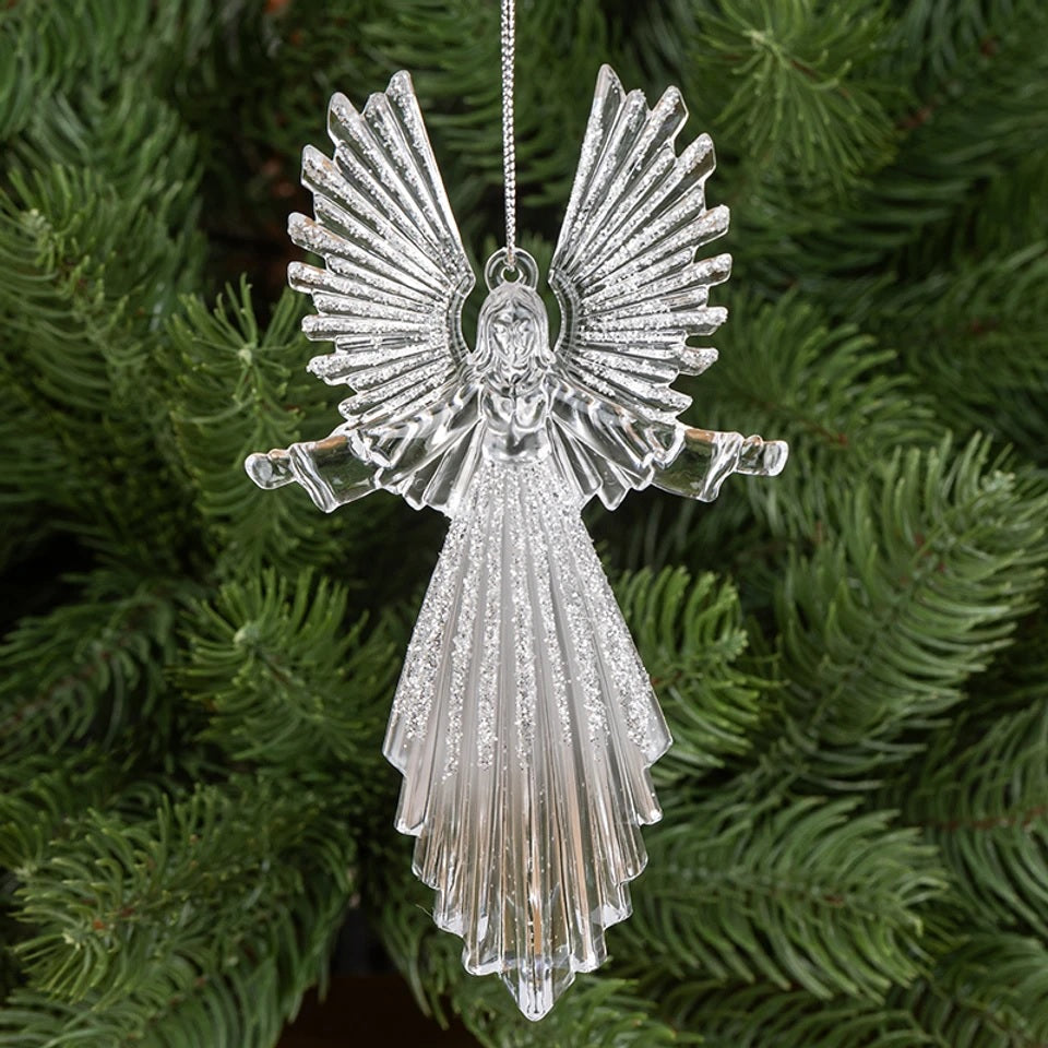 Glittered plastic ornaments shaped like an angel.