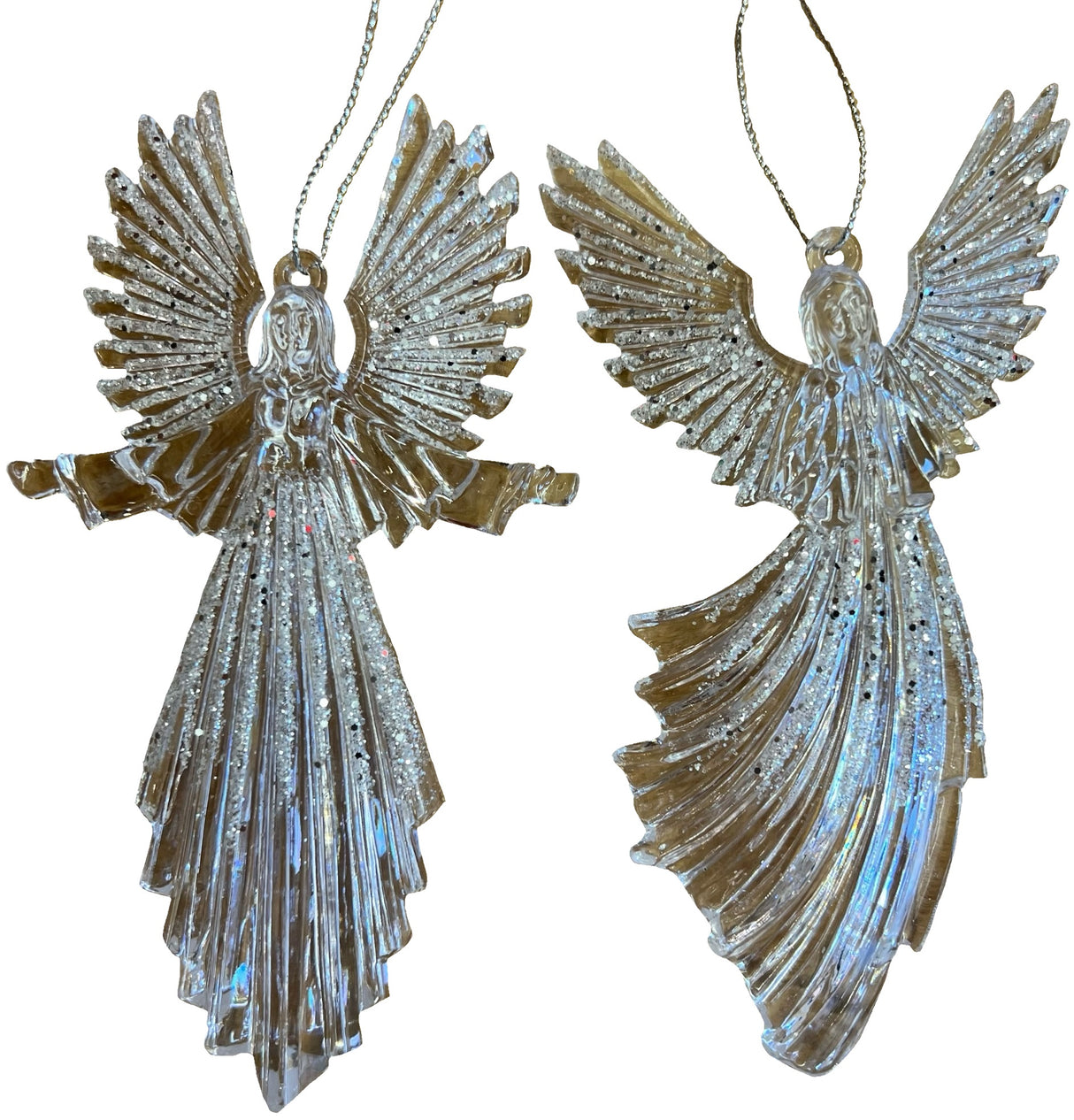 Glittered plastic ornaments shaped like an angel.
