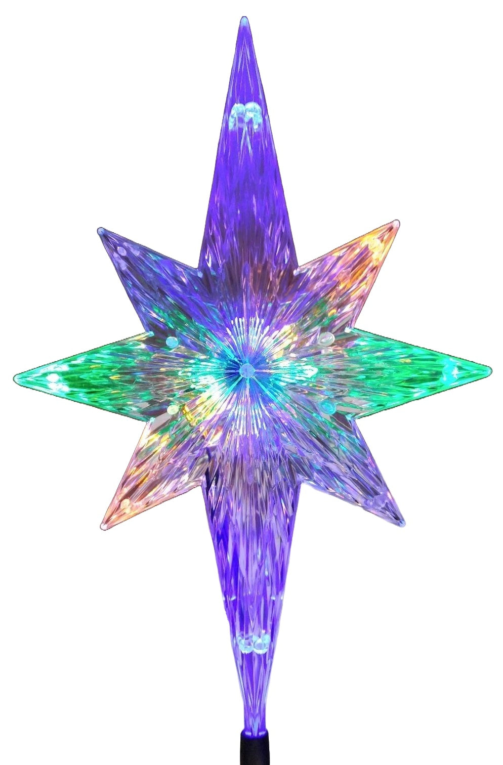 Clear Christmas tree star that shines with the color-changing LED lights inside.