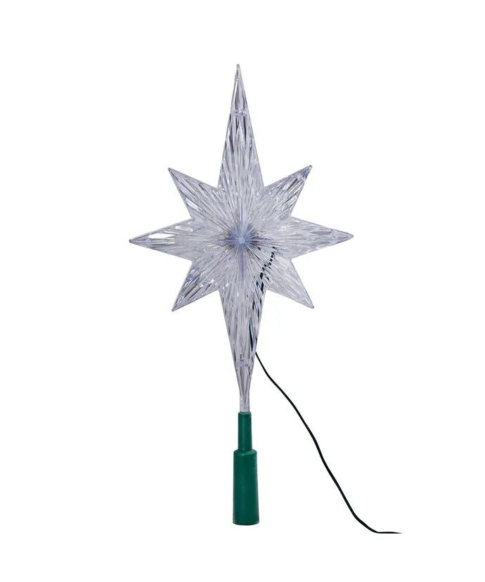 Clear Christmas tree star that shines with the color-changing LED lights inside.