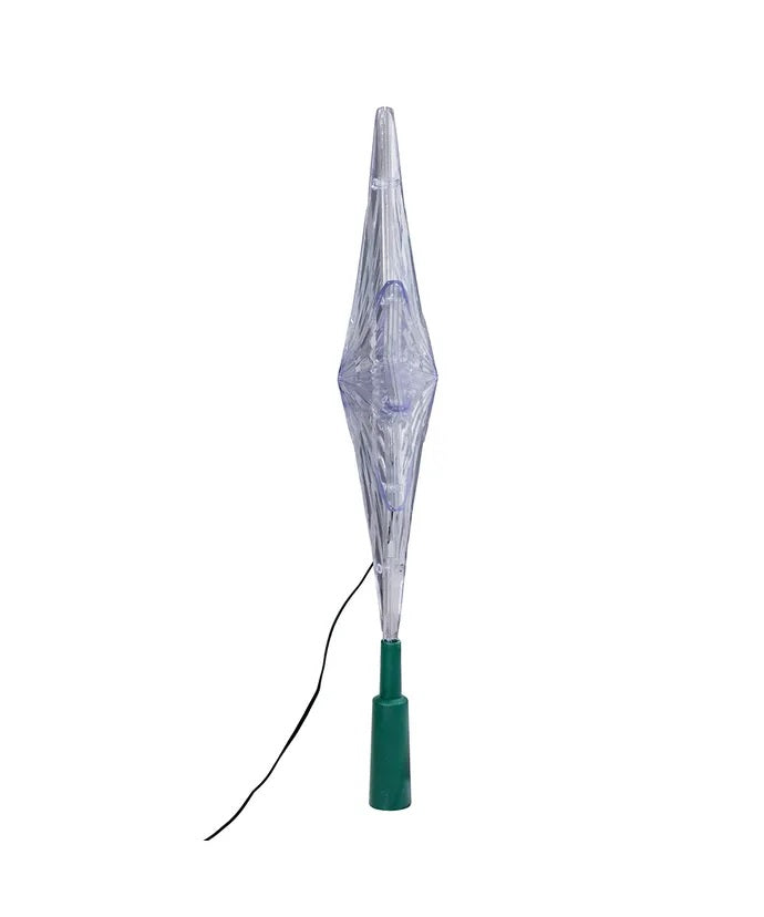 Clear Christmas tree star that shines with the color-changing LED lights inside.