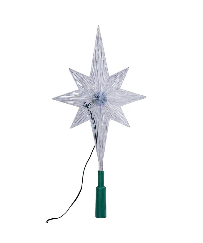 Clear Christmas tree star that shines with the color-changing LED lights inside.