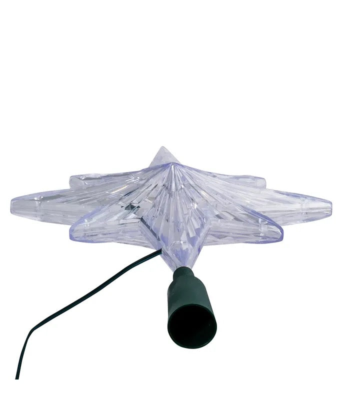 Clear Christmas tree star that shines with the color-changing LED lights inside.