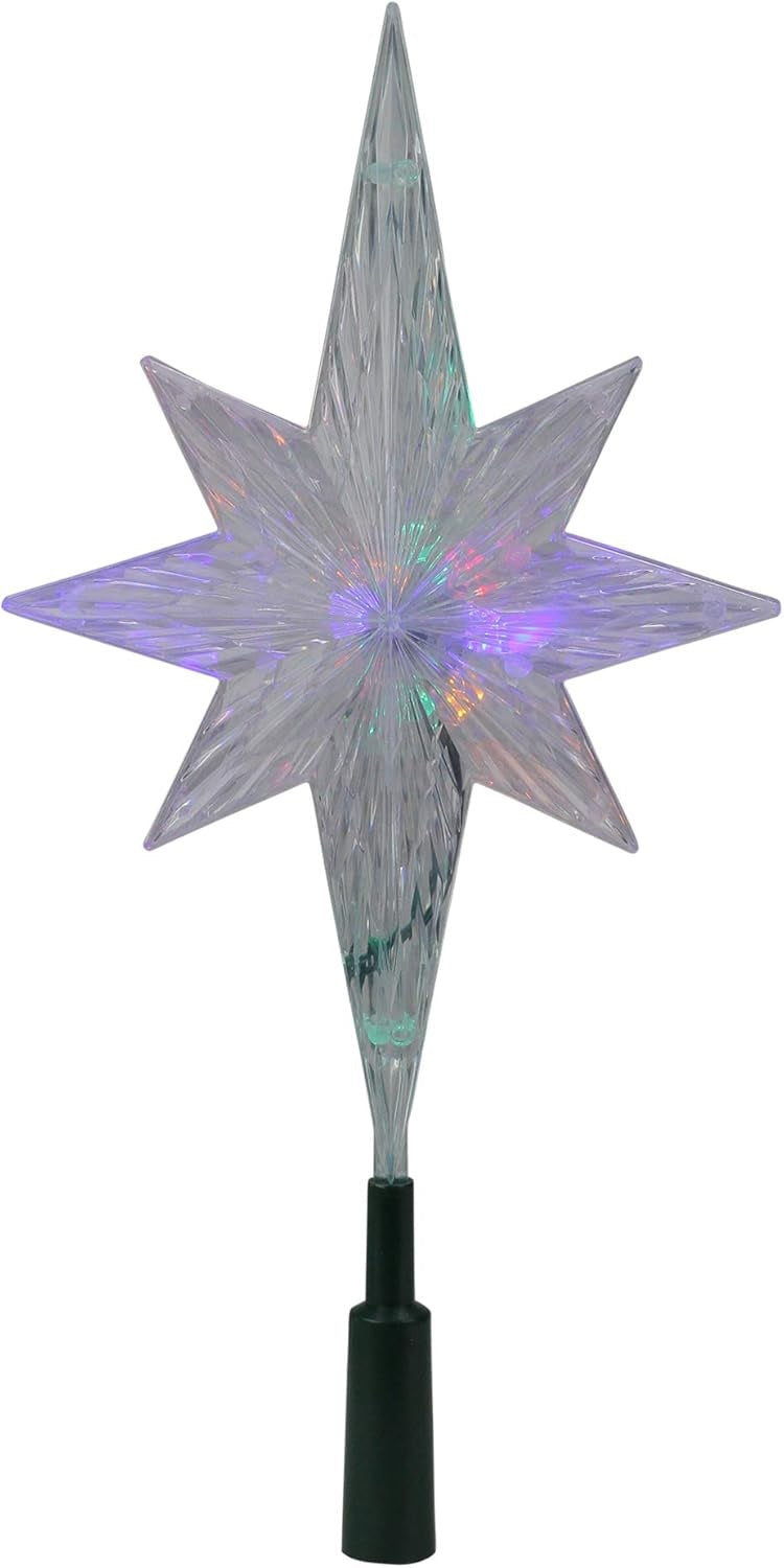 Clear Christmas tree star that shines with the color-changing LED lights inside.