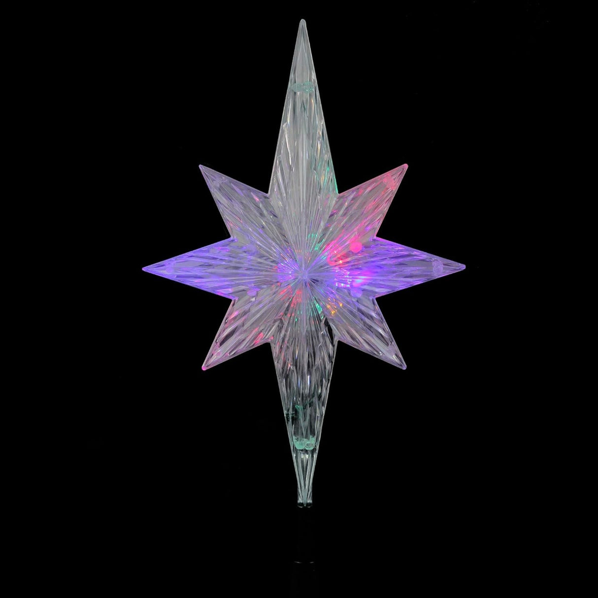 Clear Christmas tree star that shines with the color-changing LED lights inside.