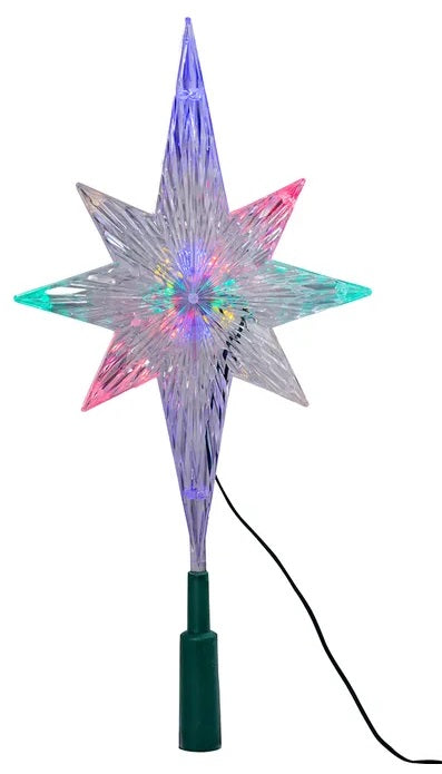 Clear Christmas tree star that shines with the color-changing LED lights inside.