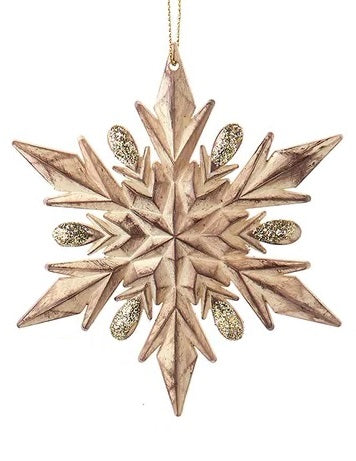 Plastic snowflake ornaments designed to look like they've been made out of distressed wood. There are two different options.