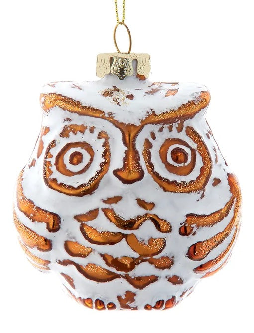 Christmas tree ornament shaped like an owl. Designed to look distressed and vintage.