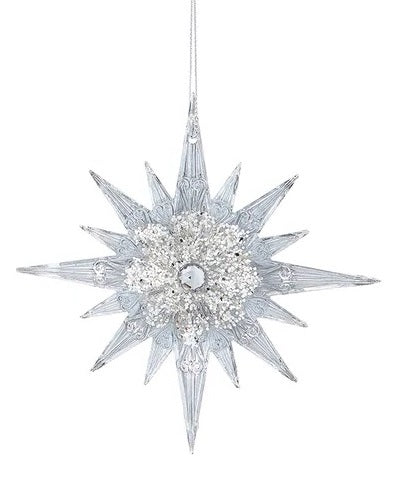 Clear ornament covered in silver glitter shaped like a snowflake with all points.