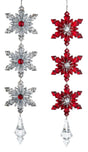 Dangling snowflake ornaments that end in a gem. One ornament features three silver snowflakes with red accents. One ornament features three red snowflakes with silver accents.