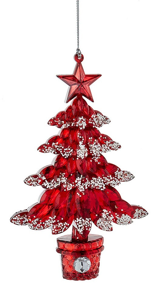Ornaments shaped like a Christmas tree with a star on top. One is red with silver glitter and features a silver gemstone at the base. One is silver with silver glitter and features a red gemstone at the base.