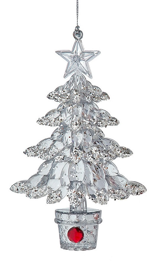 Ornaments shaped like a Christmas tree with a star on top. One is red with silver glitter and features a silver gemstone at the base. One is silver with silver glitter and features a red gemstone at the base.