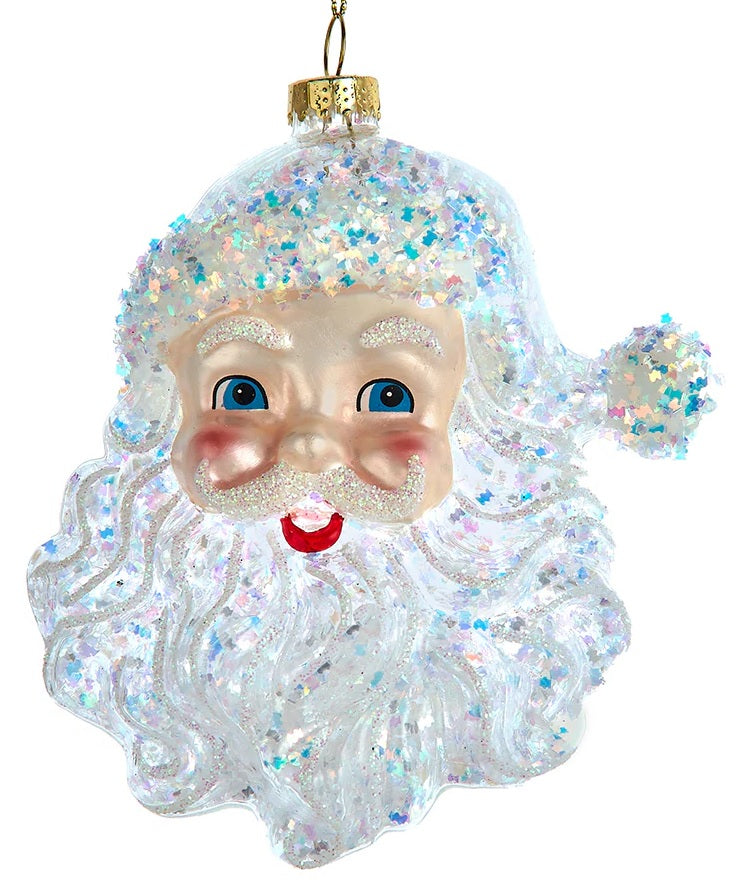 Smiling Santa Claus head ornament. Features a glittered hat, glittered eyebrows, glittered mustache and beard. His cheeks are rosy and his eyes are blue. Hangs from a gold string.