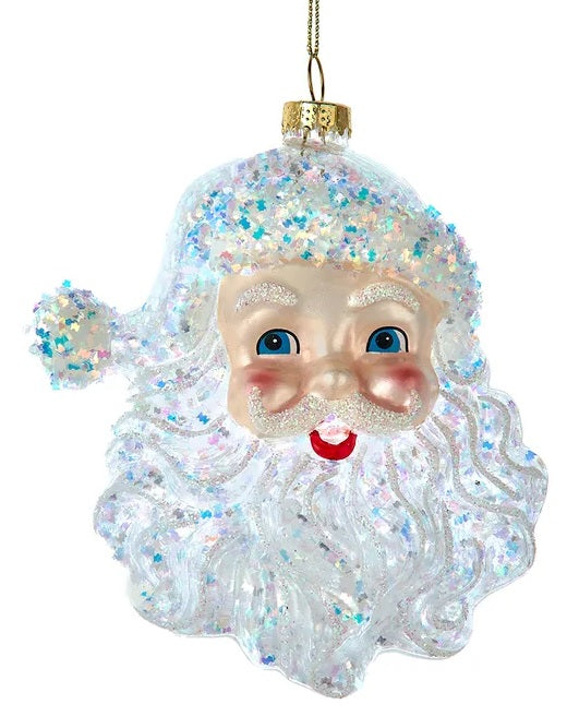 Smiling Santa Claus head ornament. Features a glittered hat, glittered eyebrows, glittered mustache and beard. His cheeks are rosy and his eyes are blue. Hangs from a gold string.