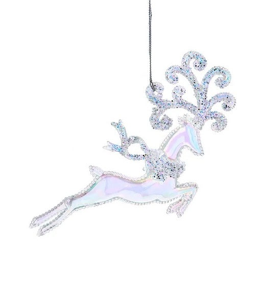 Shiny opalescent deer ornaments covered in glitter. One is standing and one is jumping.