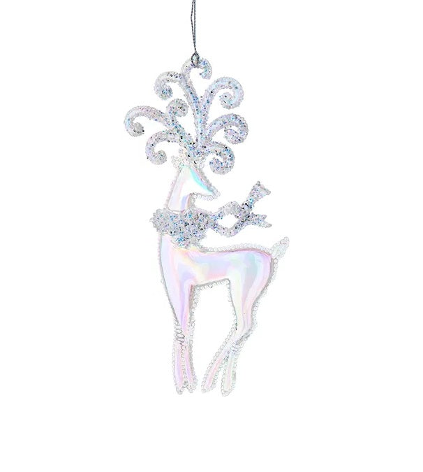 Shiny opalescent deer ornaments covered in glitter. One is standing and one is jumping.