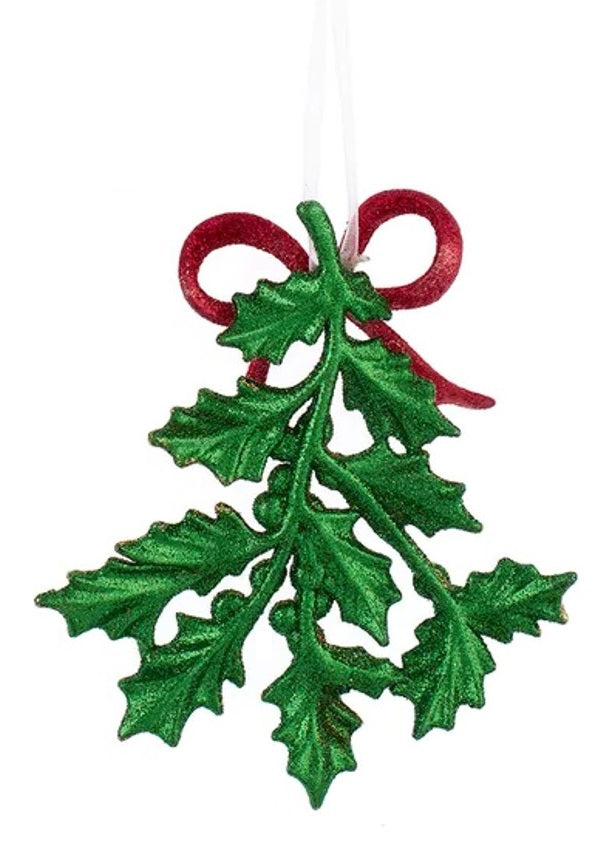 Holly leaf ornament. Sparkling green glittered holly leaf branches and berries. Accented with a vibrant red, glittered bow for added charm.